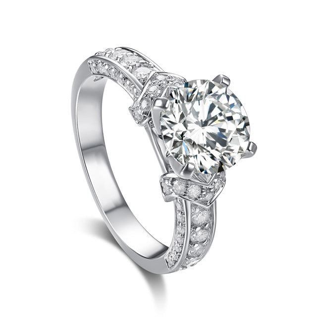 Side Stone Round Cut Ornate Moissanite Engagement Ring