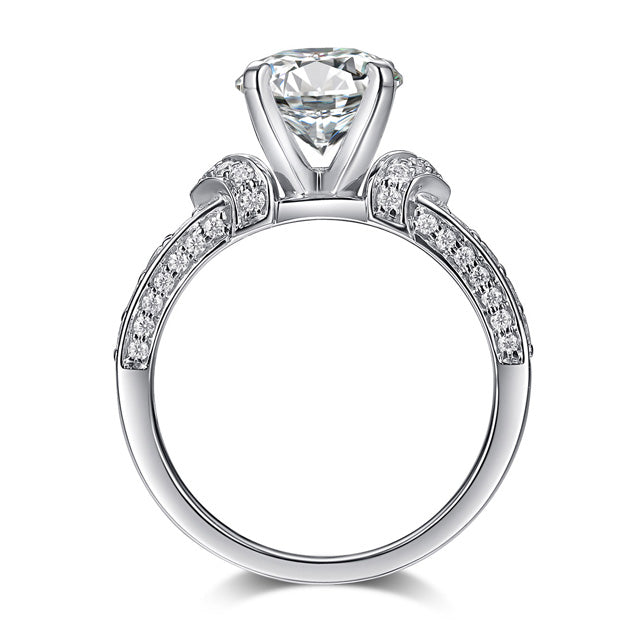 Side Stone Round Cut Ornate Moissanite Engagement Ring Sterling Silver