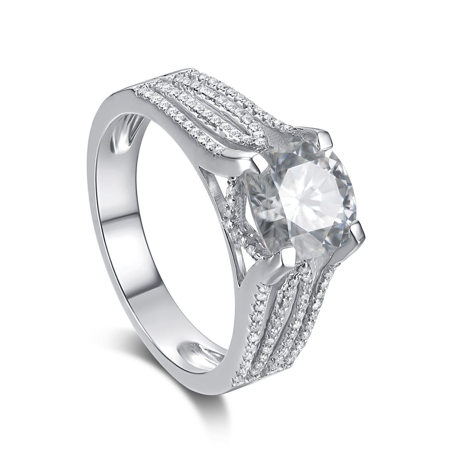 Unique Moissanite Cathedral Engagement Ring with Split Shank Design Sterling Silver