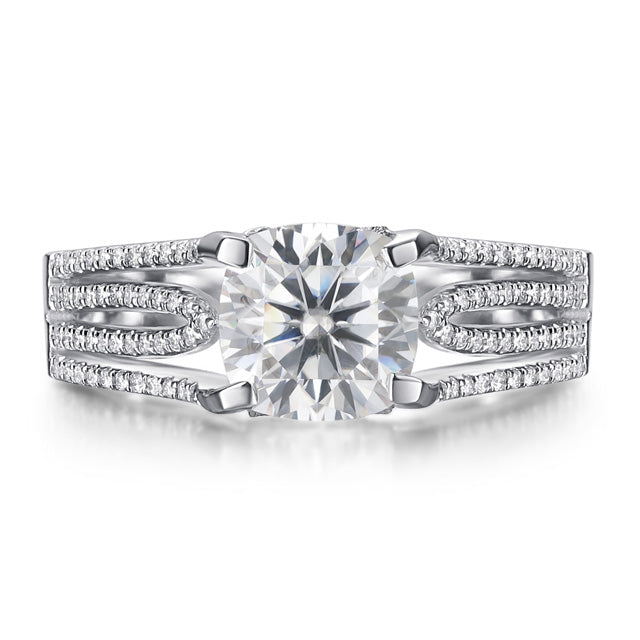 Unique Moissanite Cathedral Engagement Ring with Split Shank Design