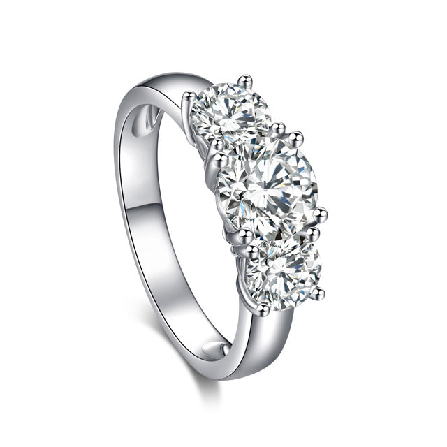 Three Stone Round Cut Moissanite Engagement Ring Sterling Silver