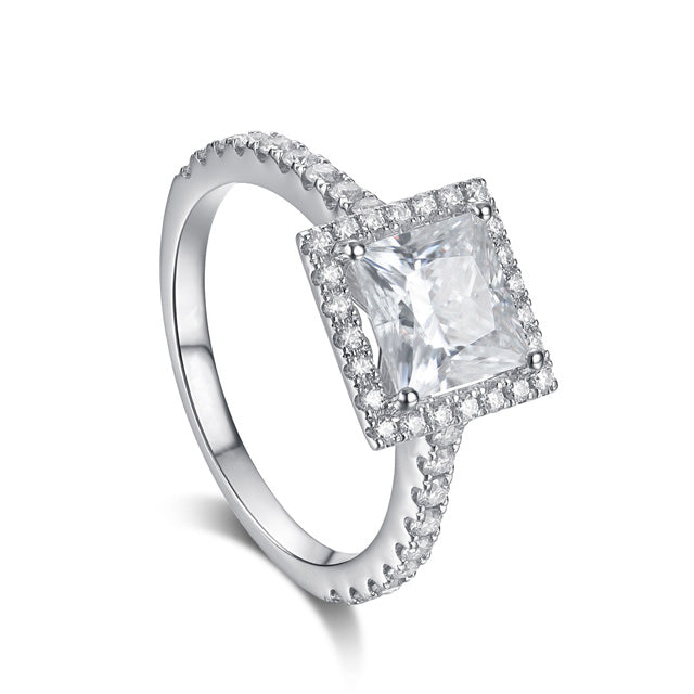 Angelic Princess Cut Halo Moissanite Engagement Ring Sterling Silver