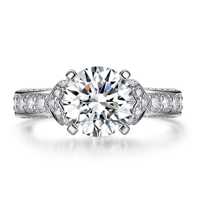 Side Stone Round Cut Ornate Moissanite Engagement Ring Sterling Silver