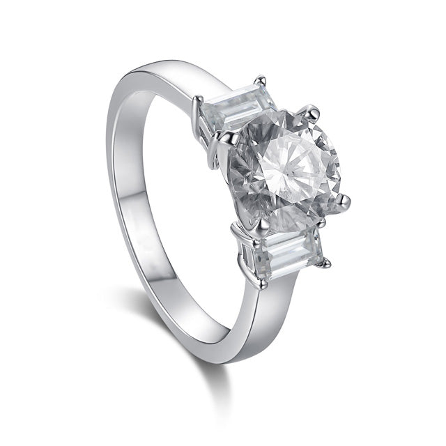 Emerald Side Stone Round Cut Moissanite Engagement Ring Sterling Silver
