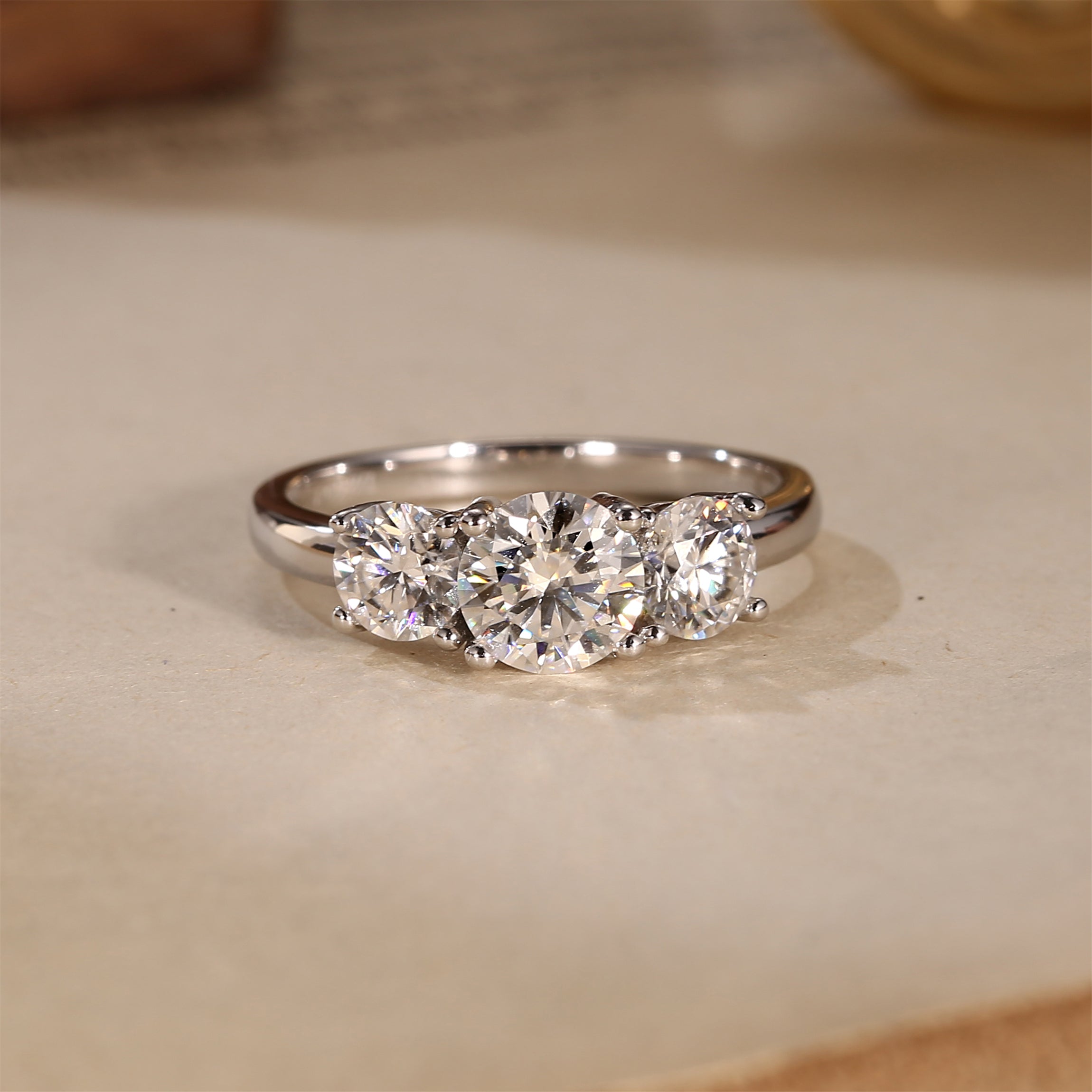 Three Stone Round Cut Classic Moissanite Diamond Engagement Ring