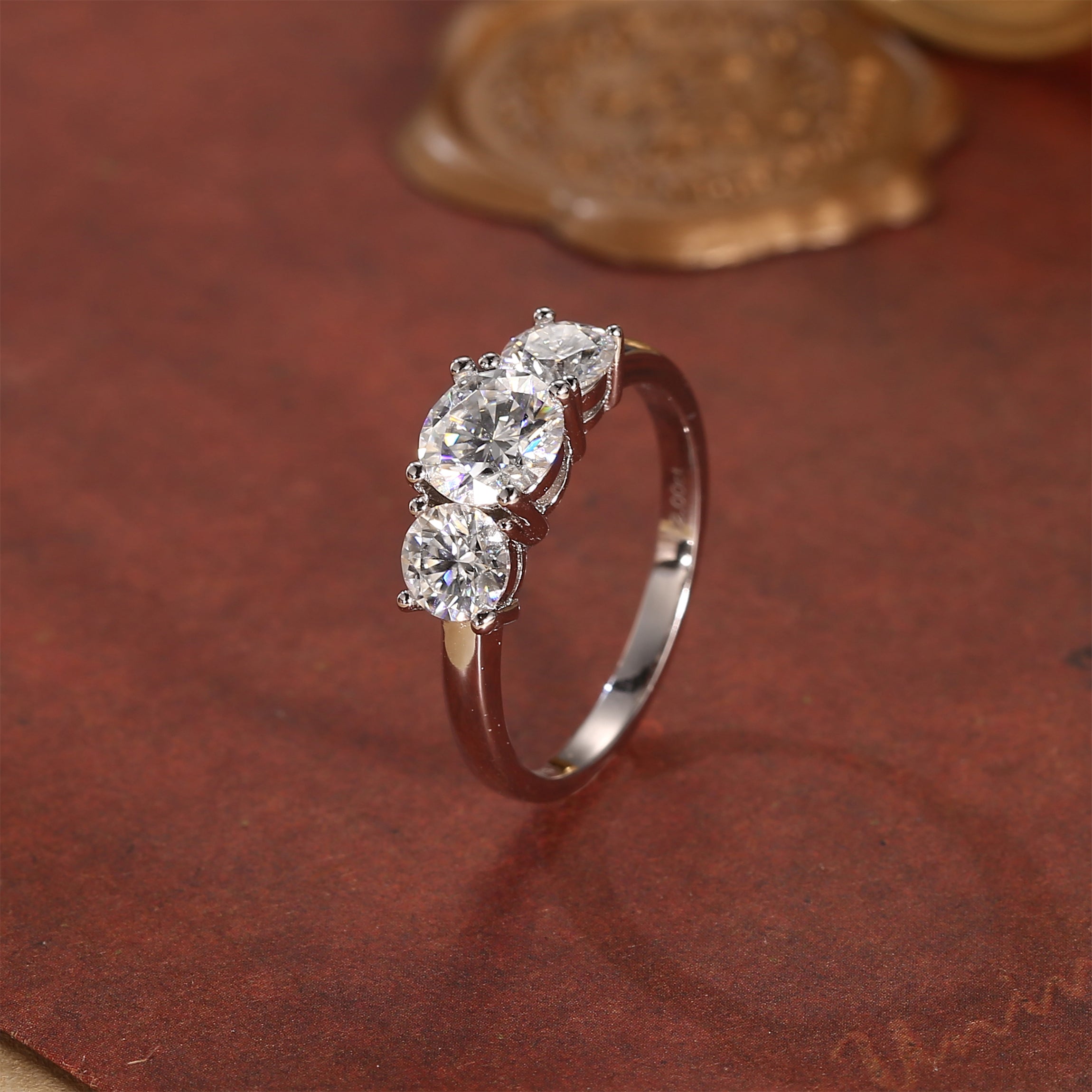 Three Stone Round Cut Moissanite Engagement Ring Sterling Silver