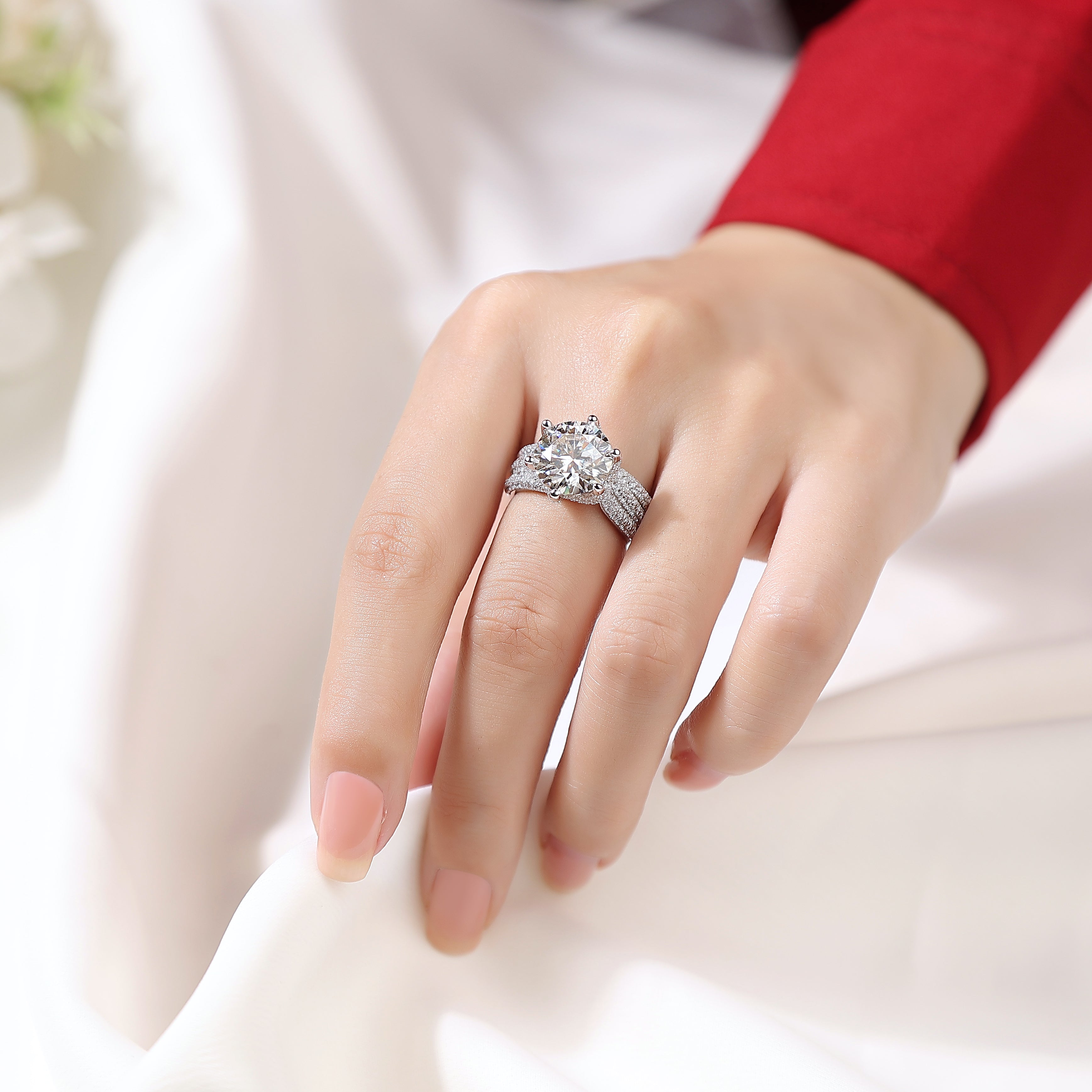 Round Cut Pavé Accent Ornate Scroll Band Moissanite Engagement Ring