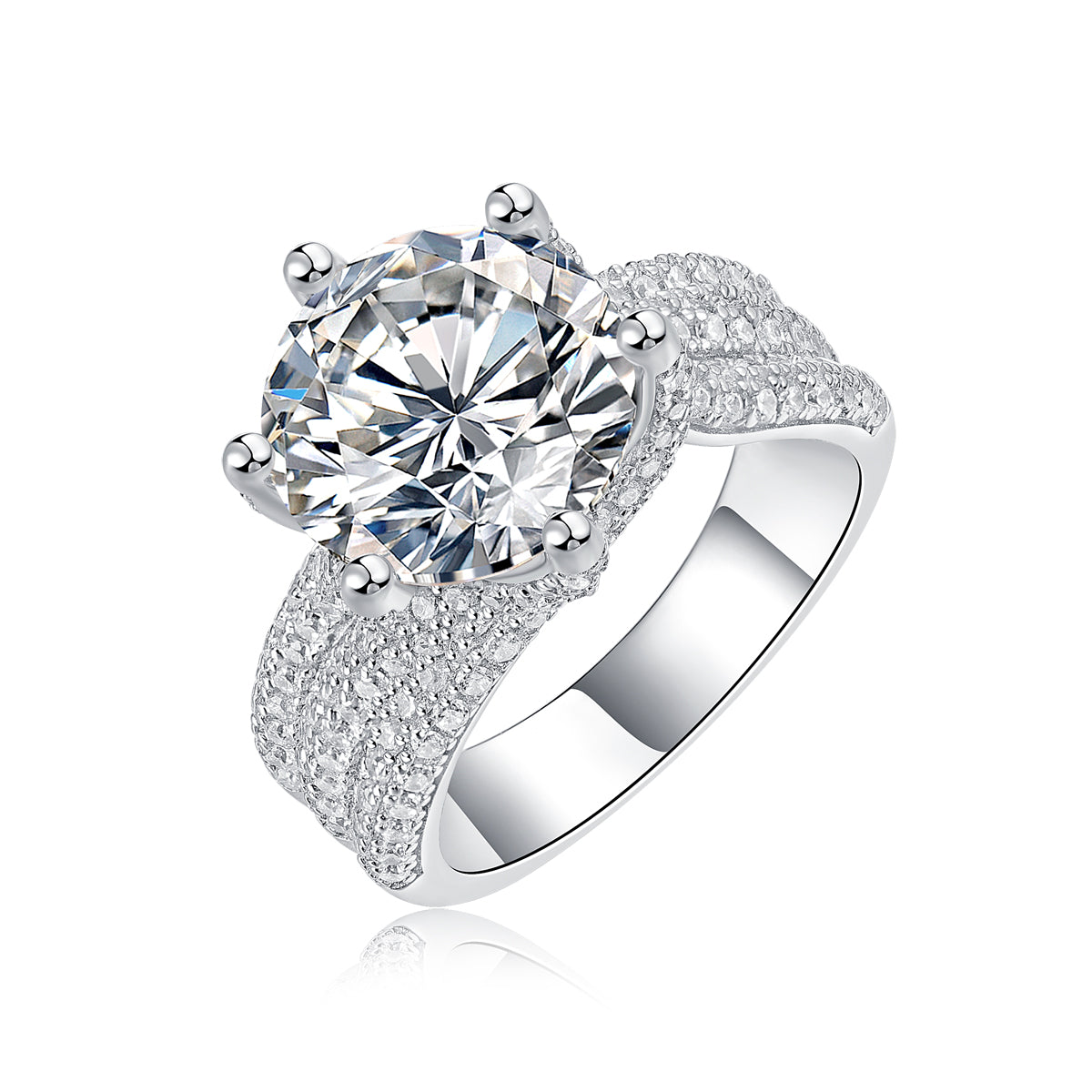 Round Cut Pavé Accent Ornate Scroll Band Moissanite Engagement Ring