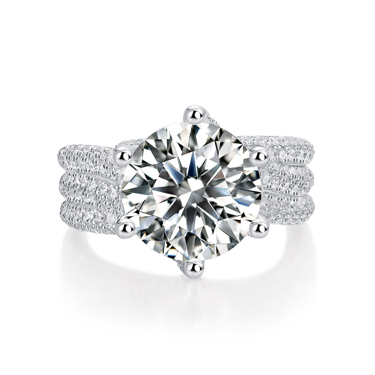 Round Cut Pavé Accent Ornate Scroll Band Moissanite Engagement Ring Sterling Silver