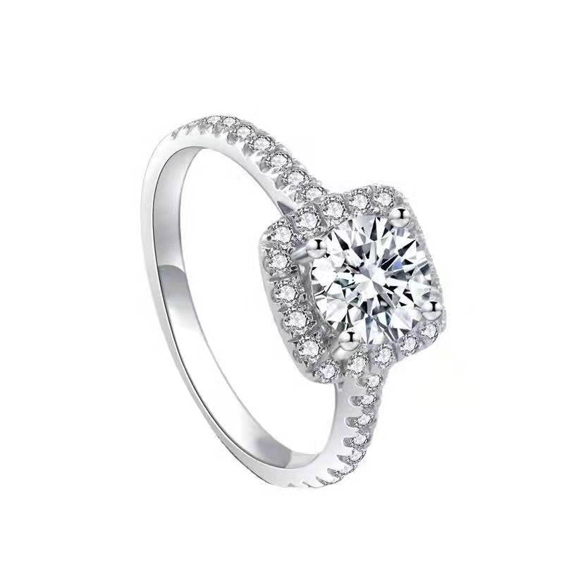 Round Petite Cushion Halo Moissanite Engagement Ring Sterling Silver