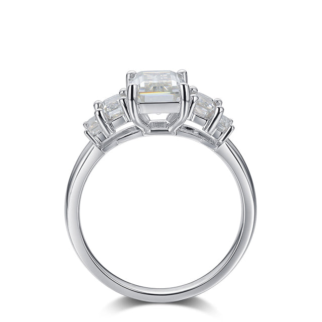 Emerald Cut Three Stone Moissanite Diamond Engagement Ring Sterling Silver