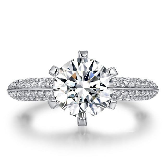 Round Cut Moissanite with Pavé Set Accent Engagement Ring Sterling Silver