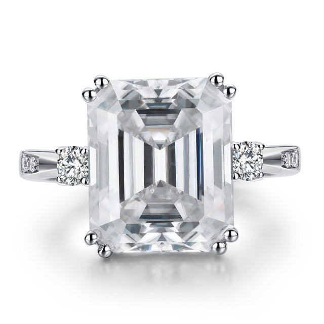 Side Stone Emerald Cut Moissanite Engagement Ring Sterling Silver