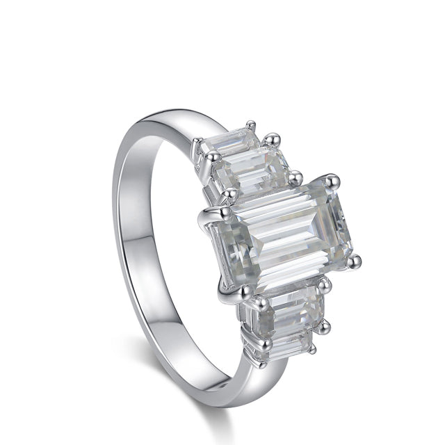 Emerald Cut Three Stone Moissanite Diamond Engagement Ring Sterling Silver