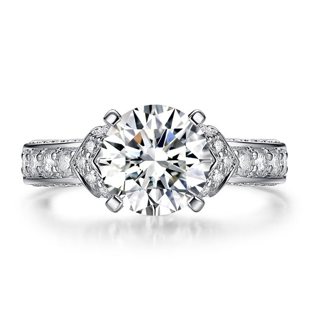 Side Stone Round Cut Ornate  Moissanite Engagement Ring Sterling Silver