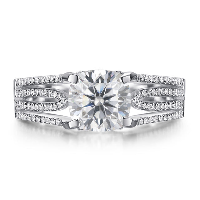 Unique Moissanite Cathedral Engagement Ring with Split Shank Design Sterling Silver