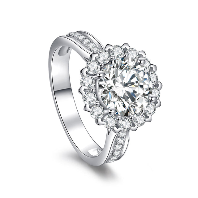 Accented Round Cut Moissanite Diamond Engagement Ring Sterling Silver