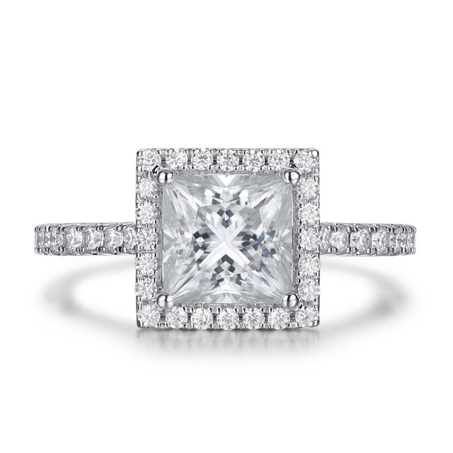 Angelic Princess Cut Halo Moissanite Engagement Ring Sterling Silver