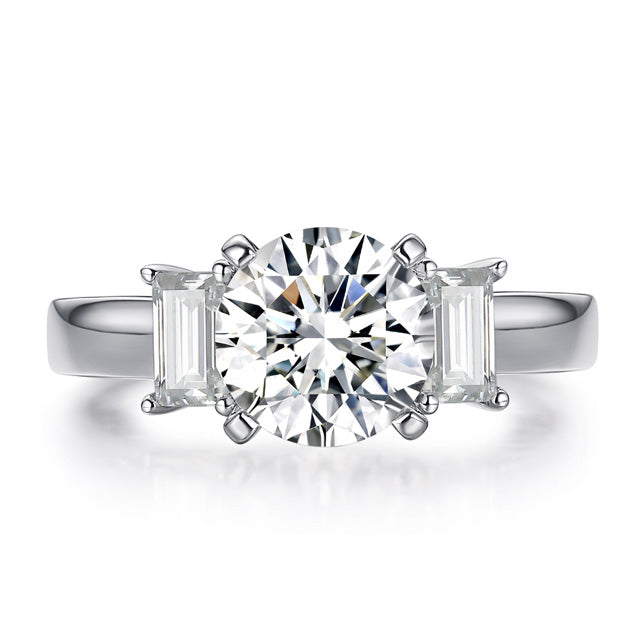 Emerald Side Stone Classic Round Cut Moissanite Diamond Engagement Ring