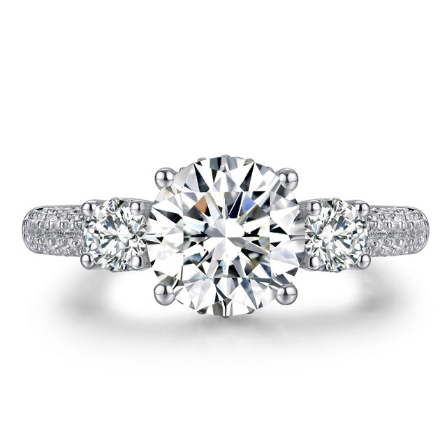 Three Stone Round Cut with Pavé Accent Band Moissanite Engagement Ring