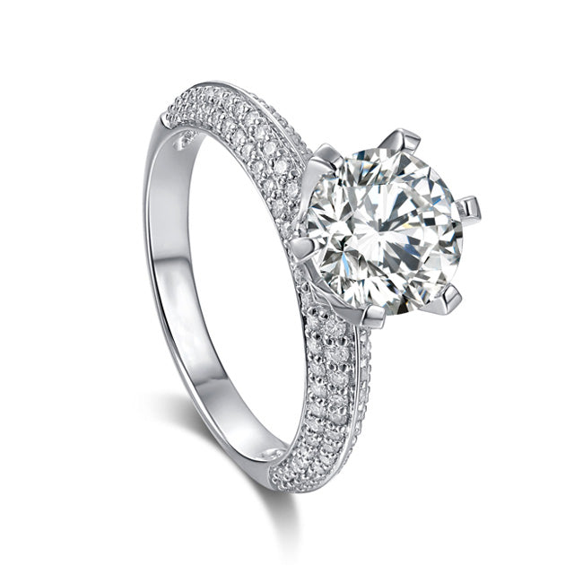 Round Cut Moissanite with Pavé Set Accent Engagement Ring Sterling Silver