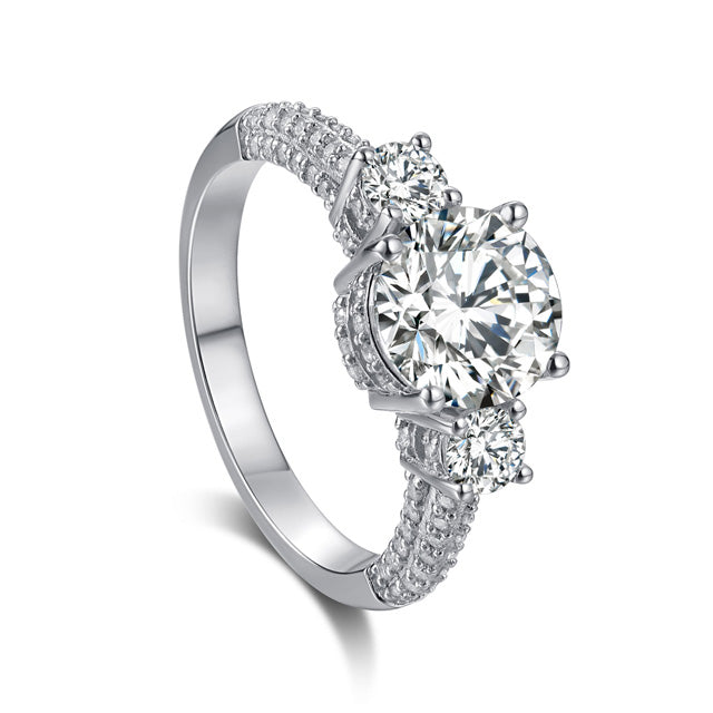Three Stone Round Cut with Pavé Accent Band Moissanite Engagement Ring