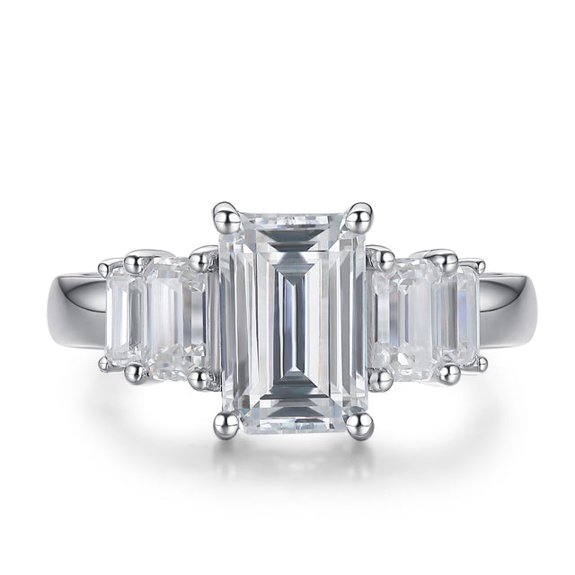 Emerald Cut Three Stone Moissanite Diamond Engagement Ring Sterling Silver