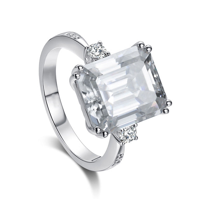 Side Stone Emerald Cut Moissanite Engagement Ring Sterling Silver
