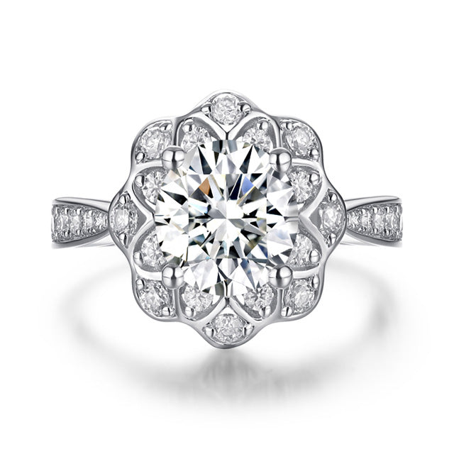 Accented Round Cut Moissanite Engagement Ring Sterling Silver