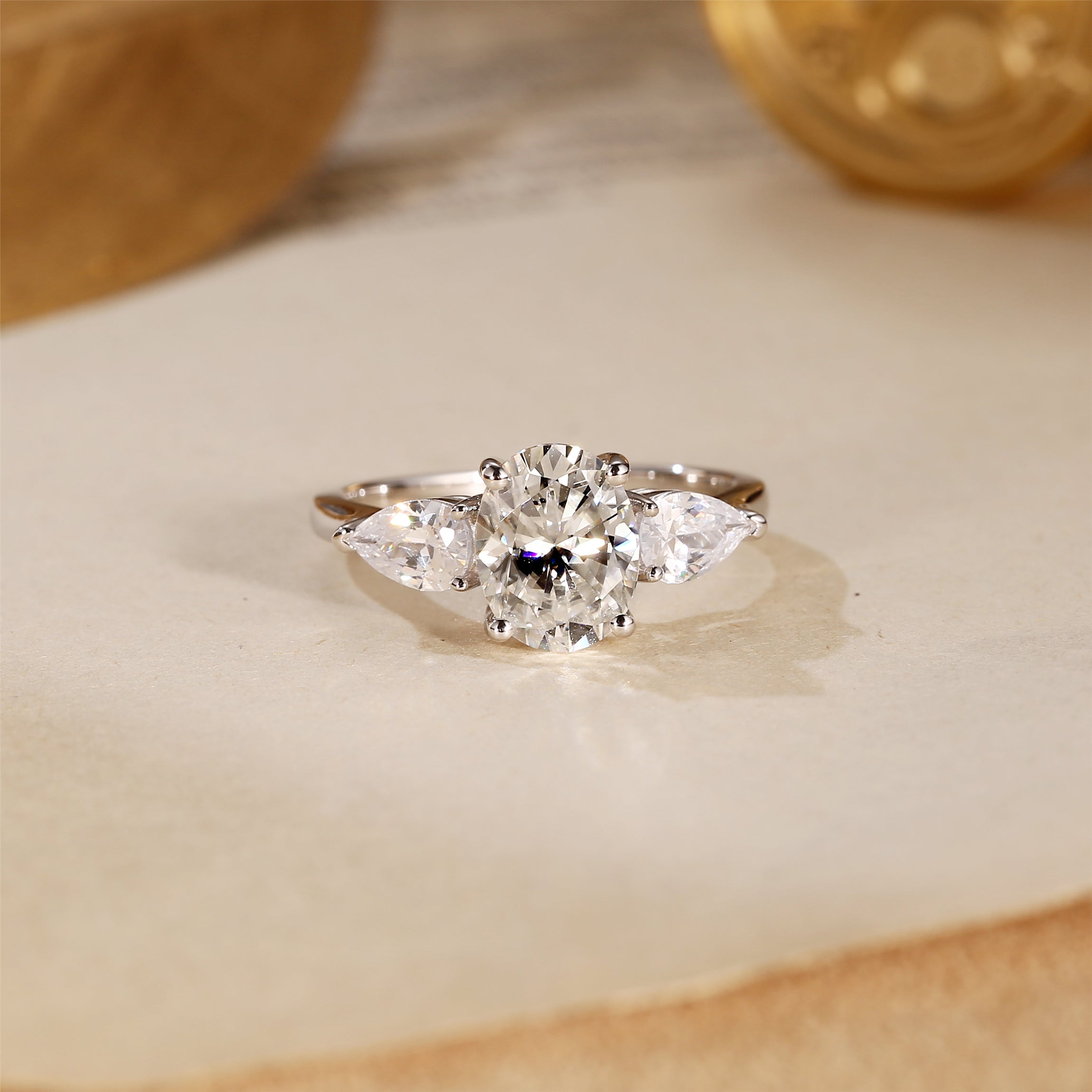Pear Side Stone Classic Round Cut Moissanite Engagement Ring