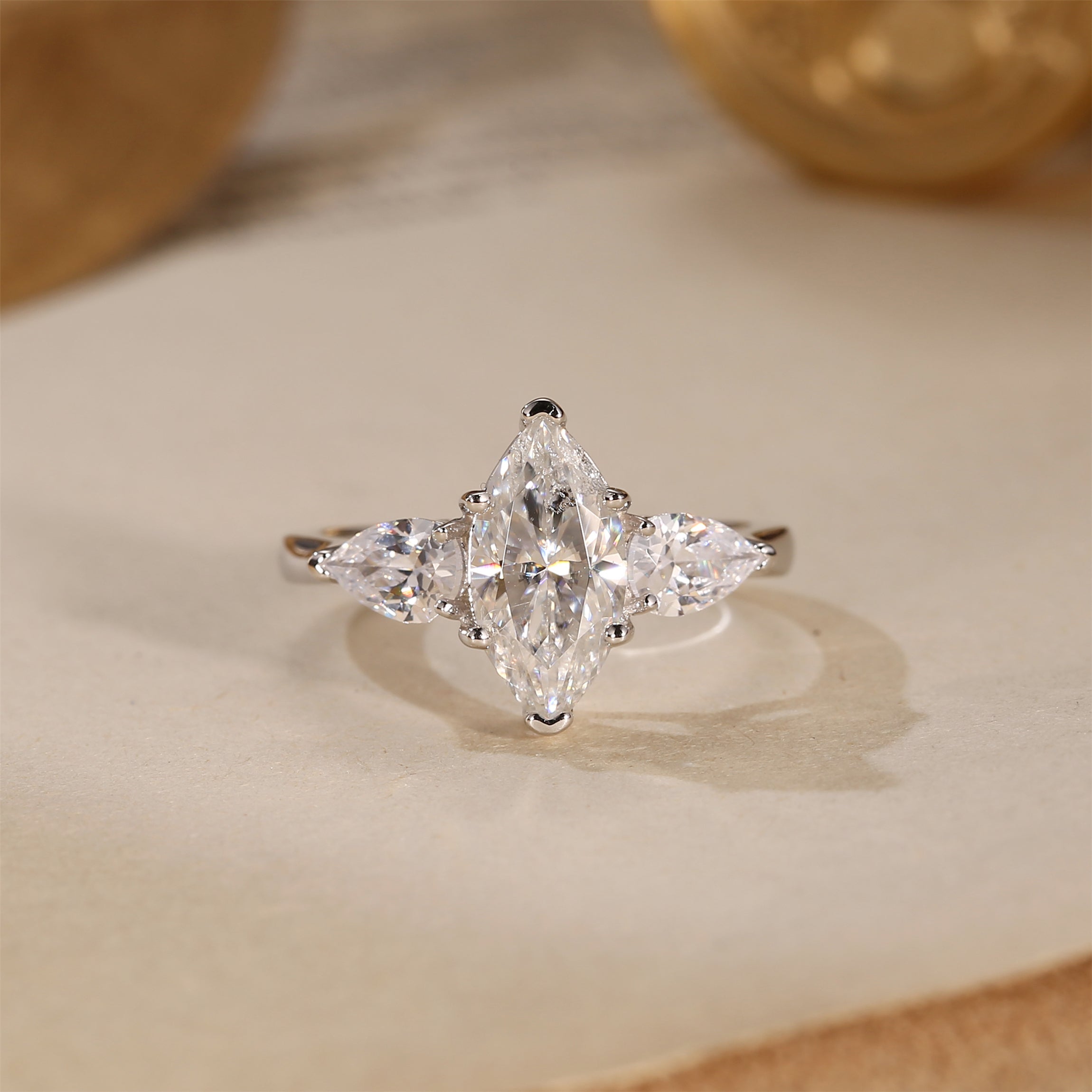 Three Stone Classic Marquise Cut Moissanite Diamond Engagement Ring