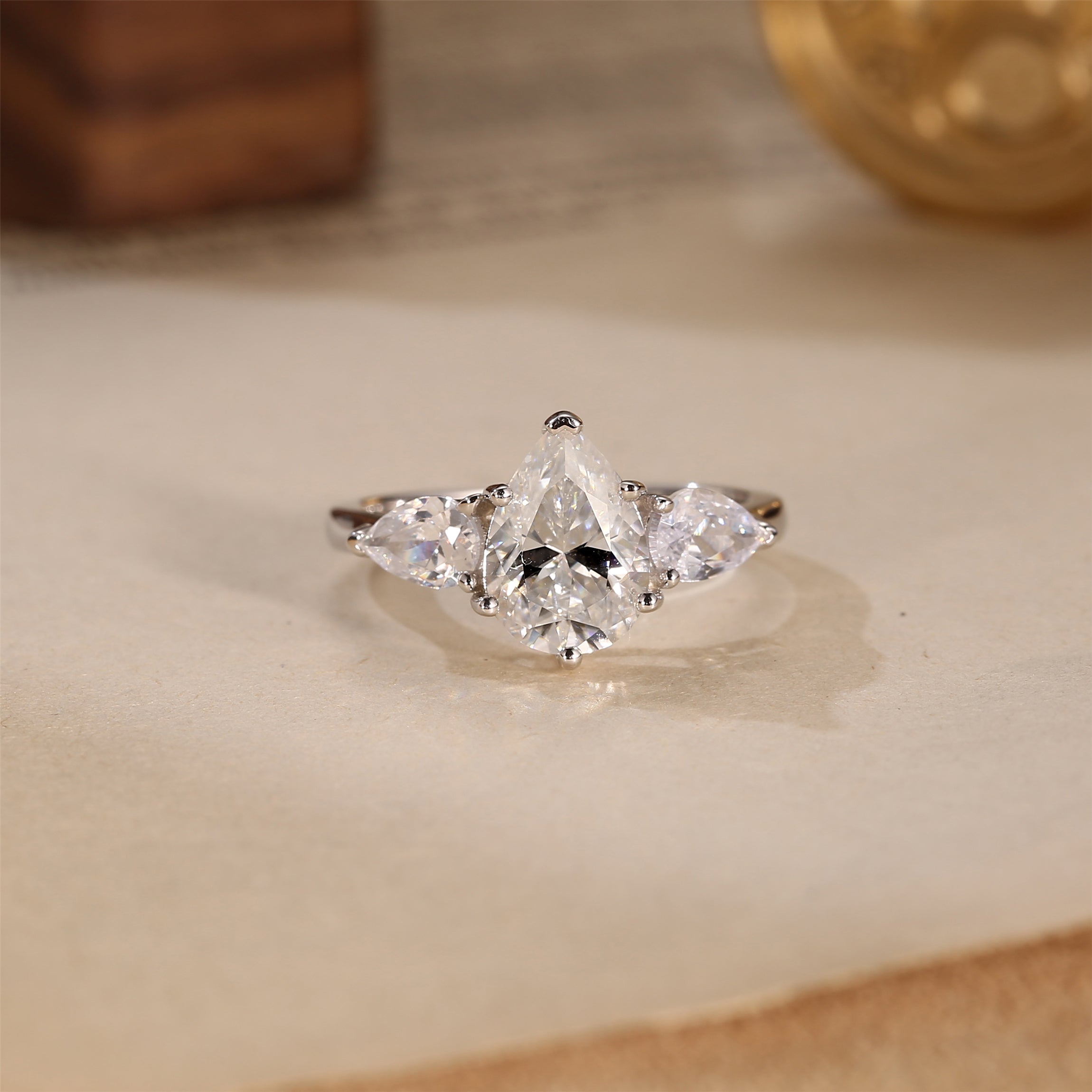 Pear Side Stone Classic Pear Cut Moissanite Diamond Engagement Ring