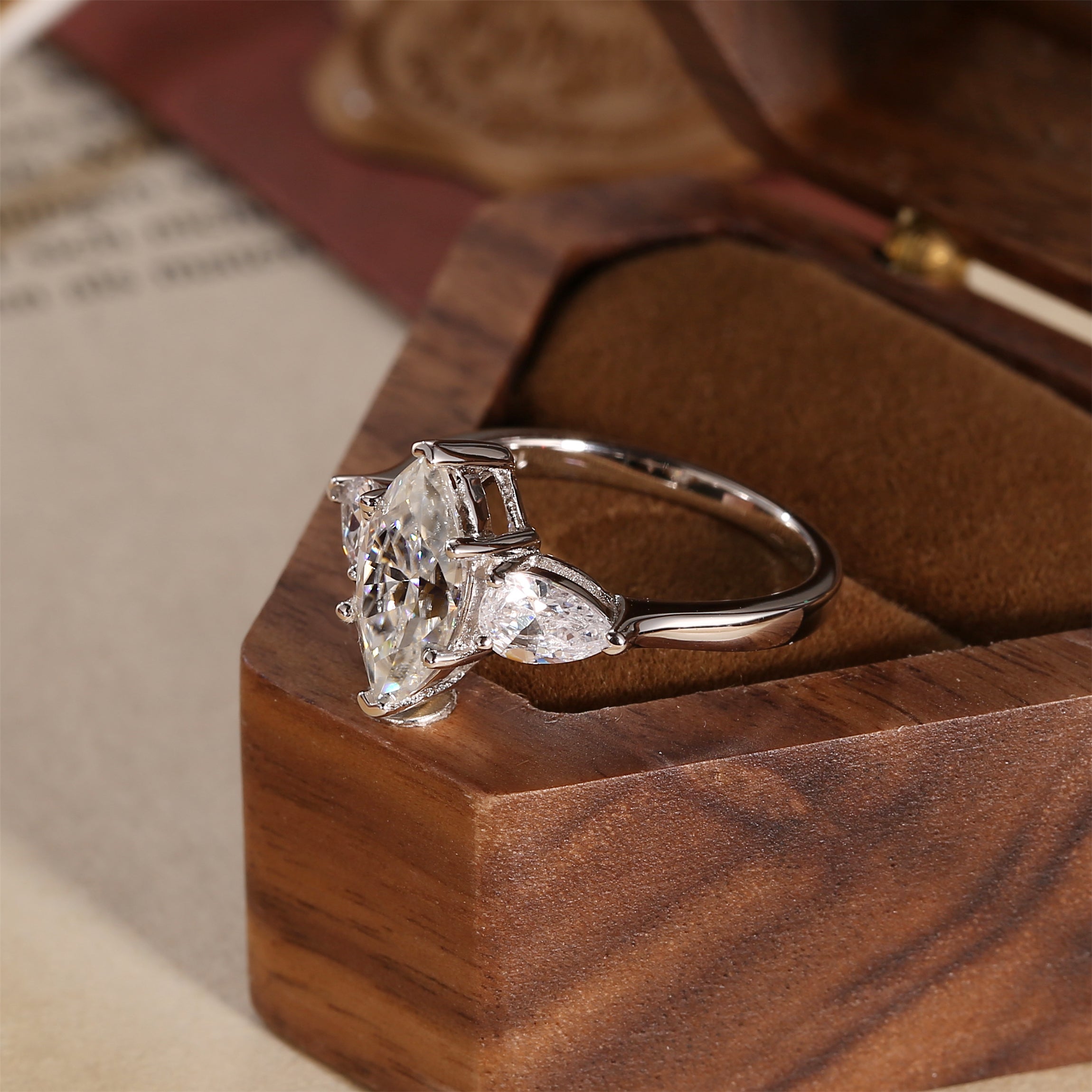 Three Stone Classic Marquise Cut Moissanite Diamond Engagement Ring