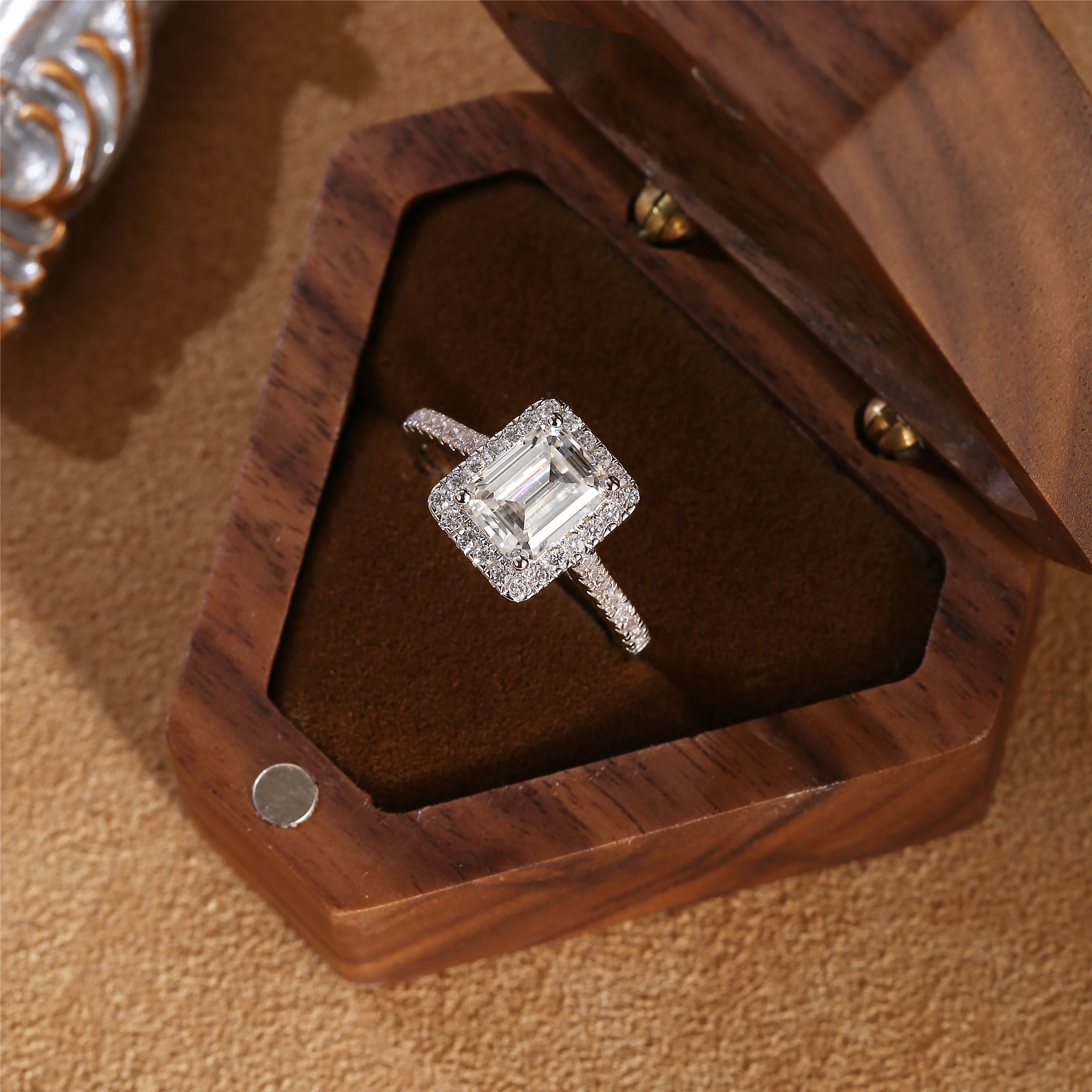 Angelic Emerald Cut Halo Moissanite Diamond Engagement Ring