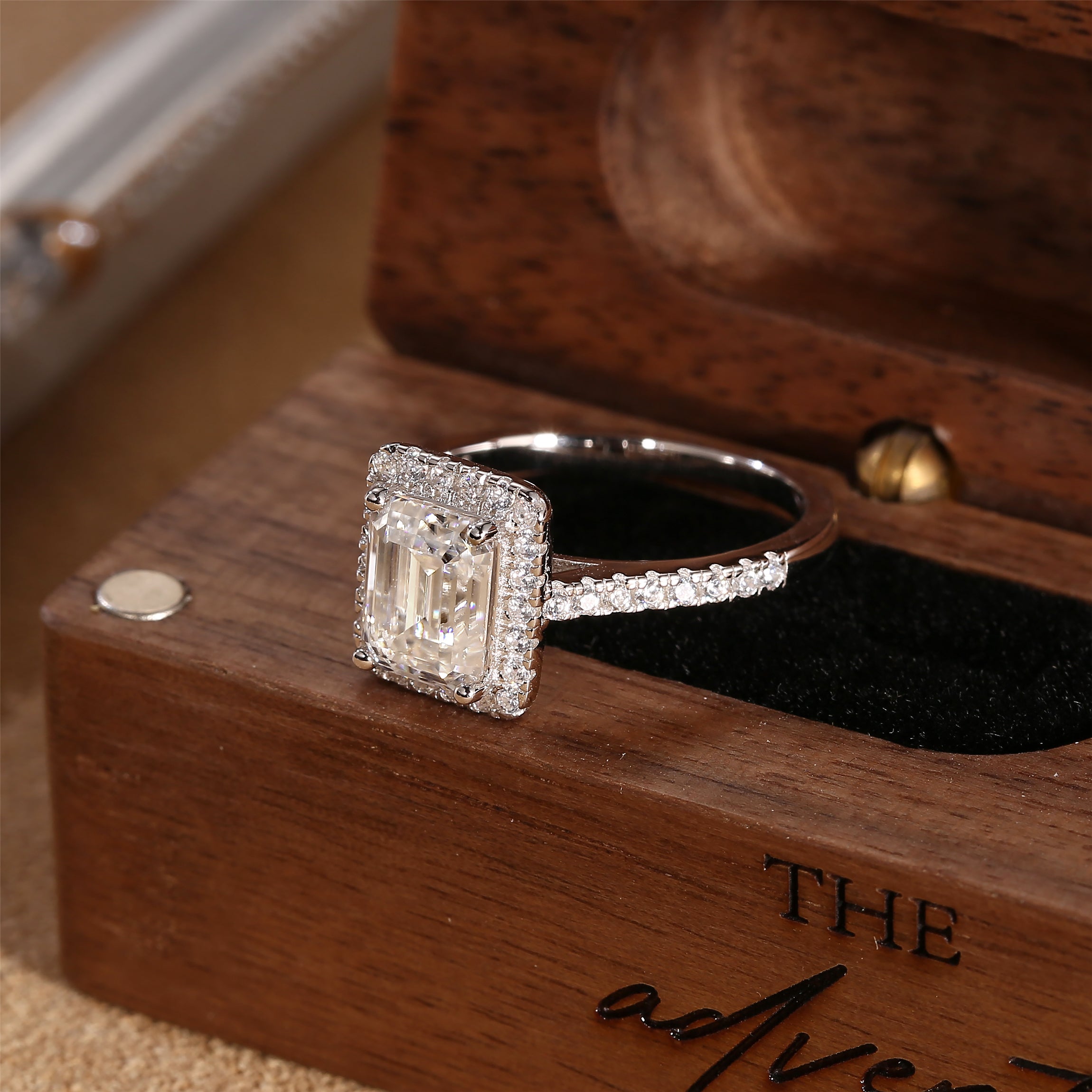 Angelic Emerald Cut Halo Moissanite Diamond Engagement Ring