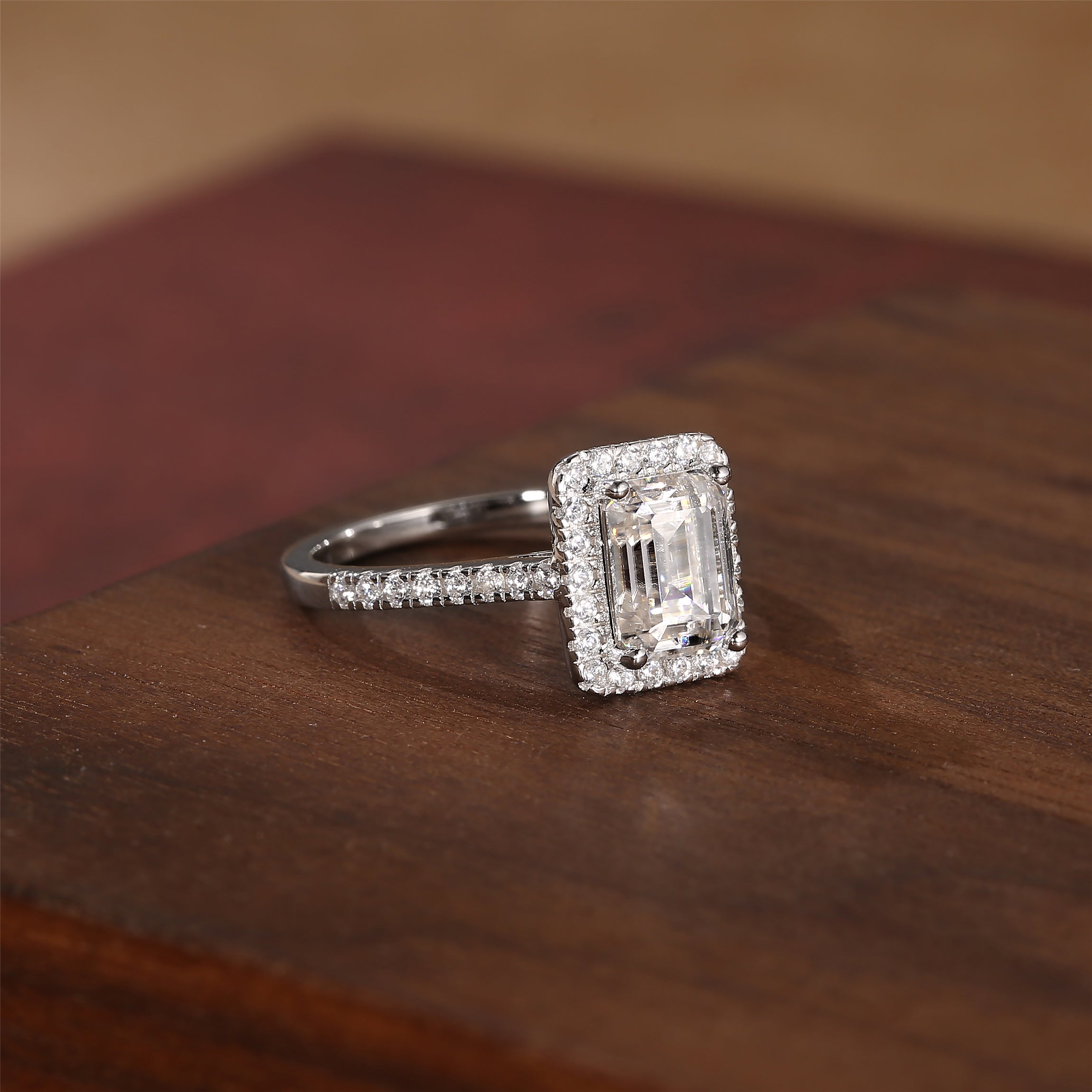 Angelic Emerald Cut Halo Moissanite Diamond Engagement Ring