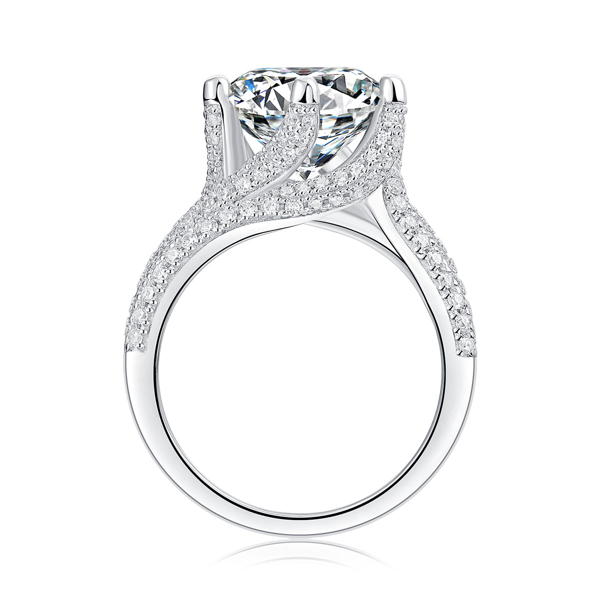 Round Cut Pavé Accent Ornate Scroll Band Moissanite Engagement Ring