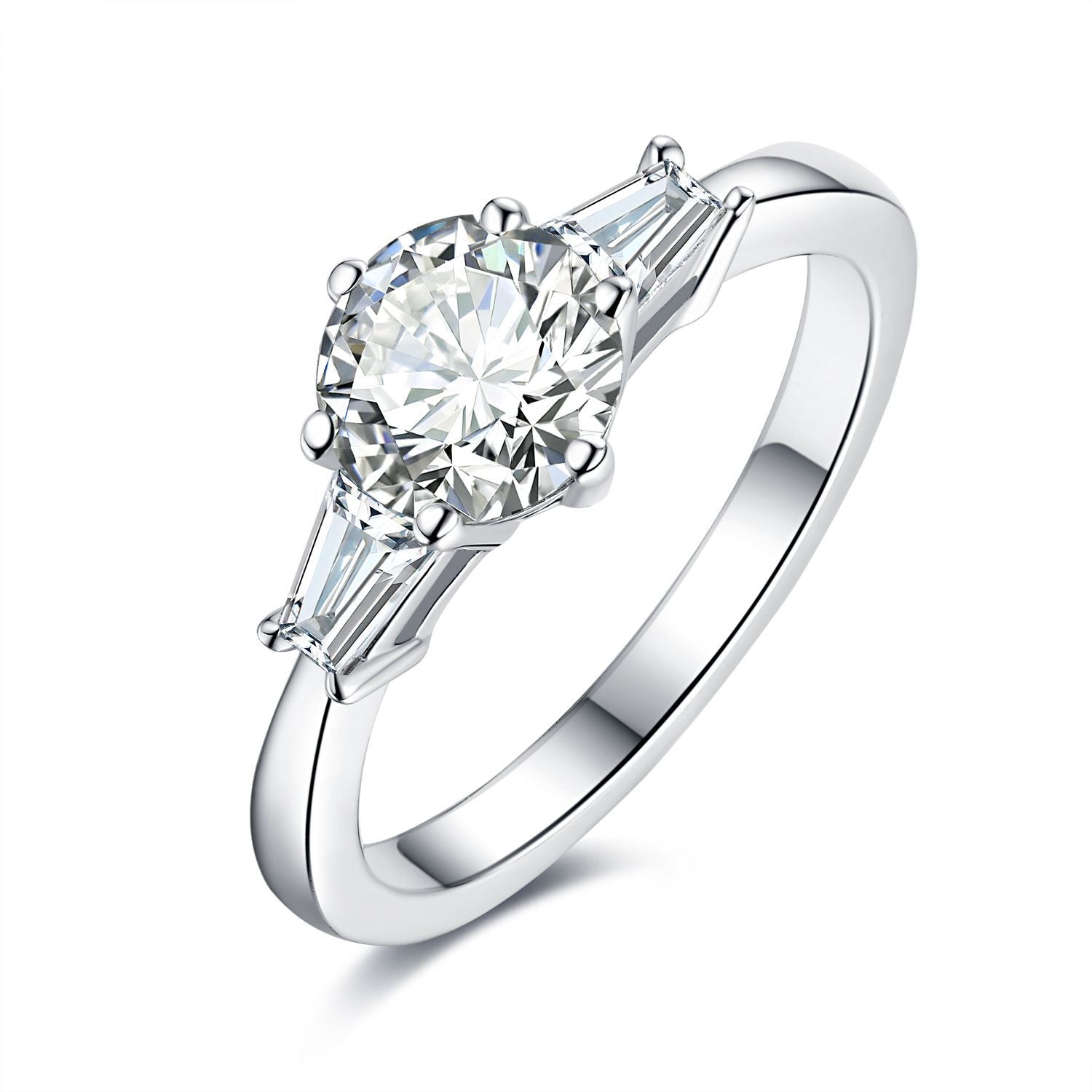 Trapezoid Side Stone Classic Round Cut Moissanite Diamond Engagement Ring