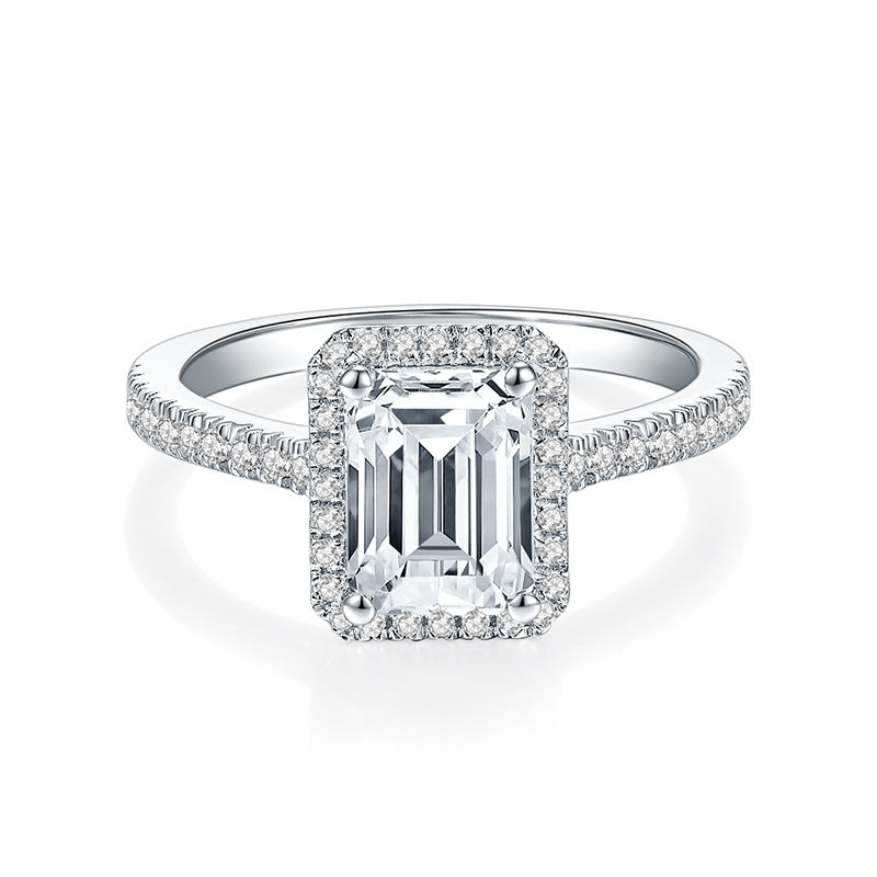 Angelic Emerald Cut Halo Moissanite Engagement Ring Sterling Silver