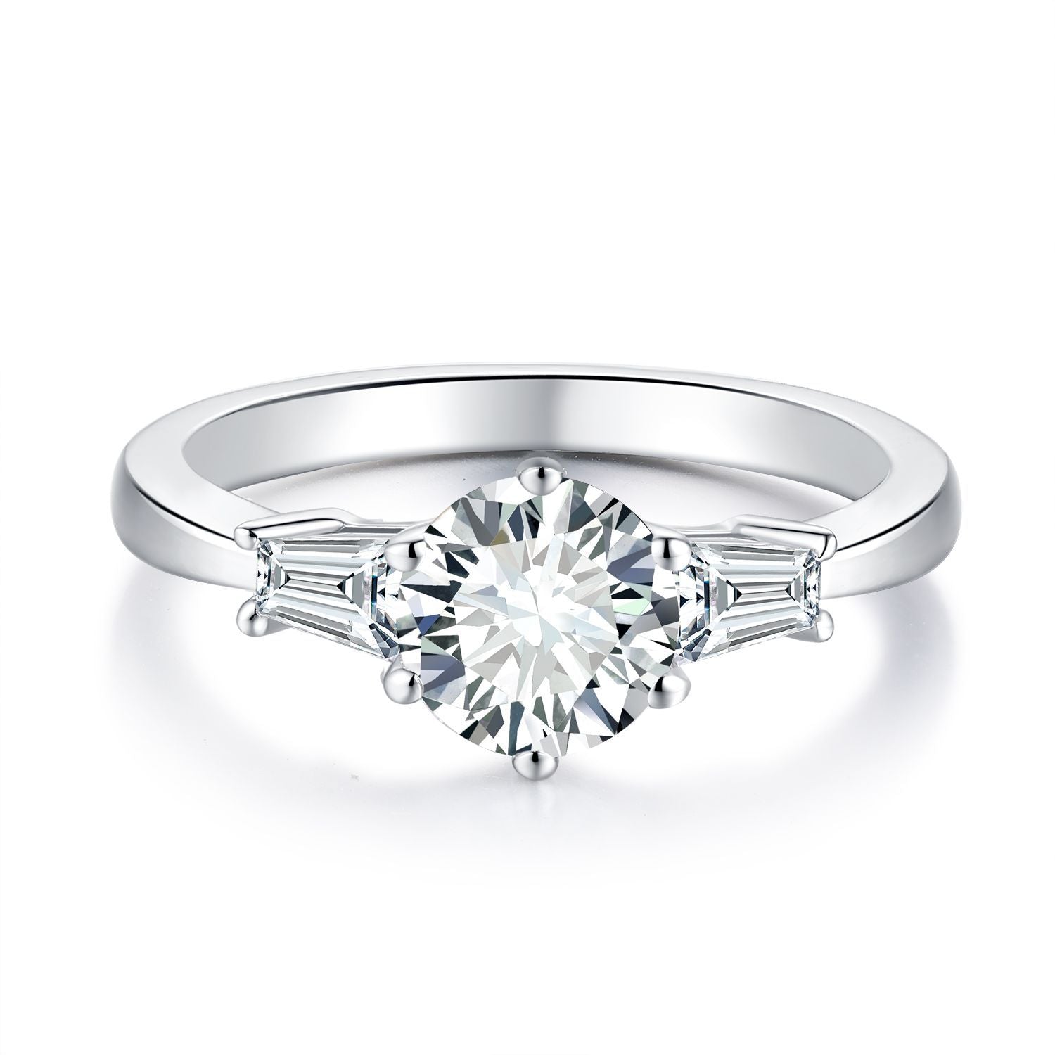 Trapezoid Side Stone Classic Round Cut Moissanite Diamond Engagement Ring